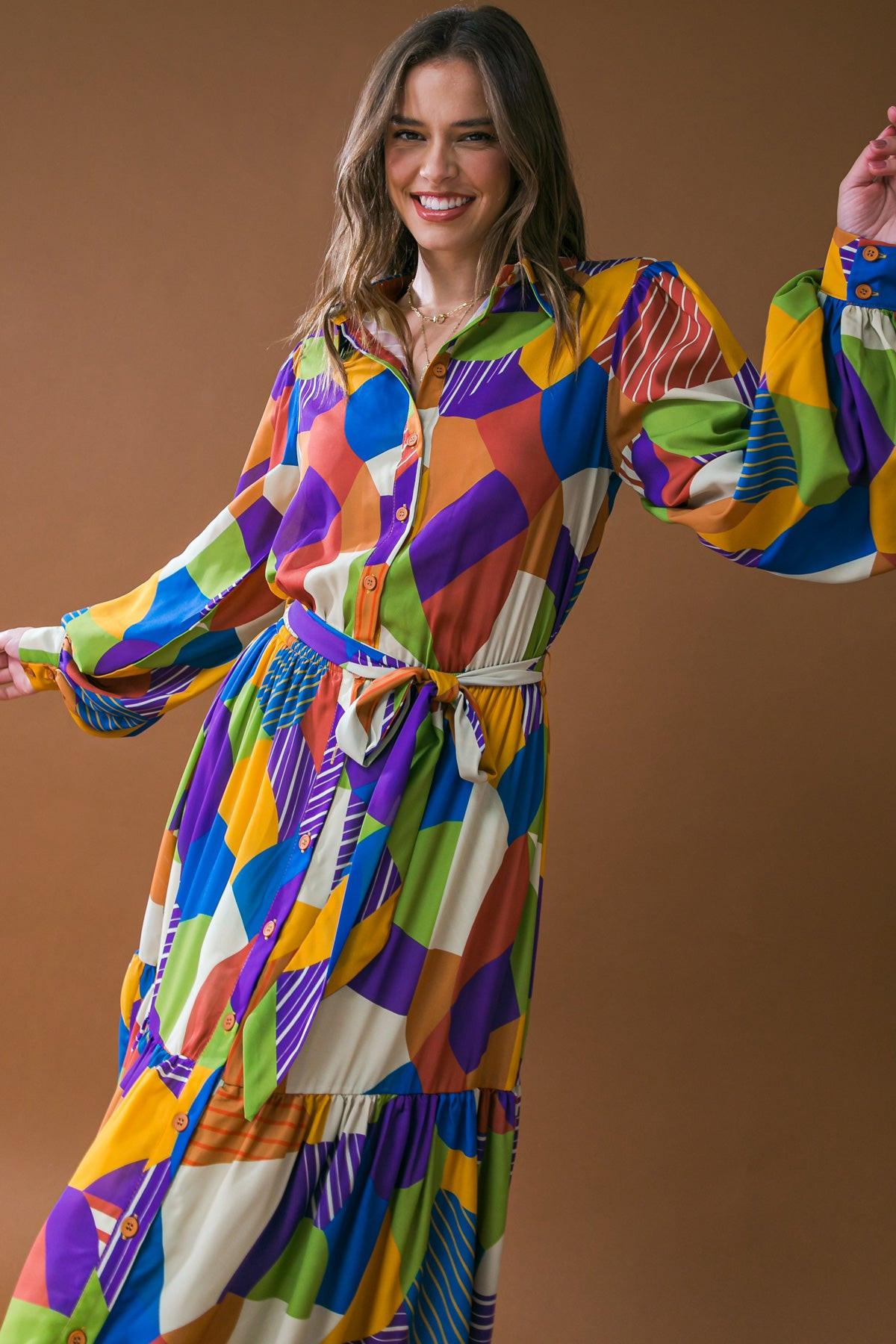 Remarkable Flair Printed Woven Midi Dress With Shirt Collar And Self Tie