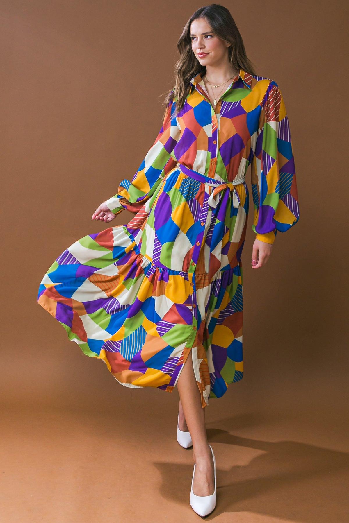 Remarkable Flair Printed Woven Midi Dress With Shirt Collar And Self Tie