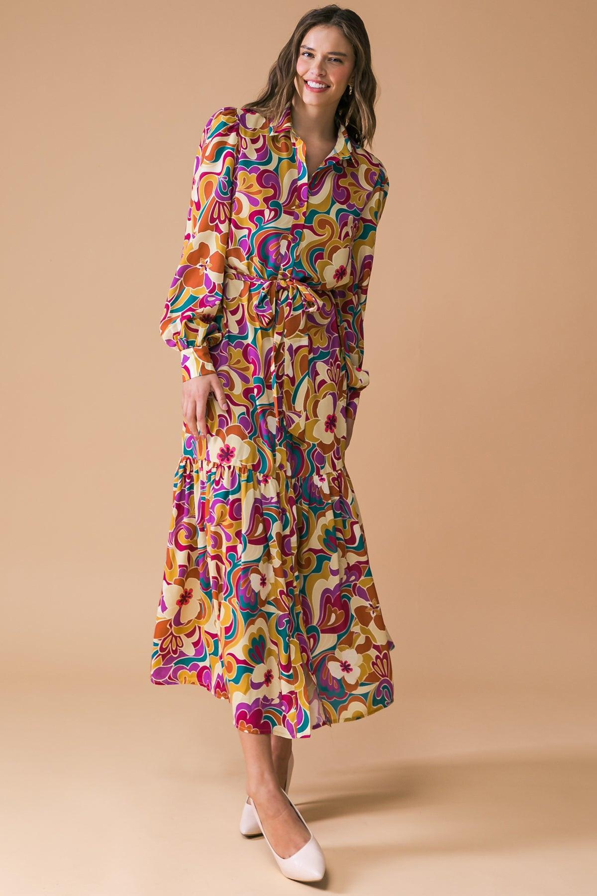Printed Woven Midi Dress With Shirt Collar And Long Sleeves