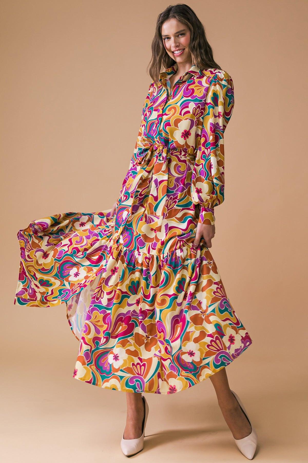 Printed Woven Midi Dress With Shirt Collar And Long Sleeves