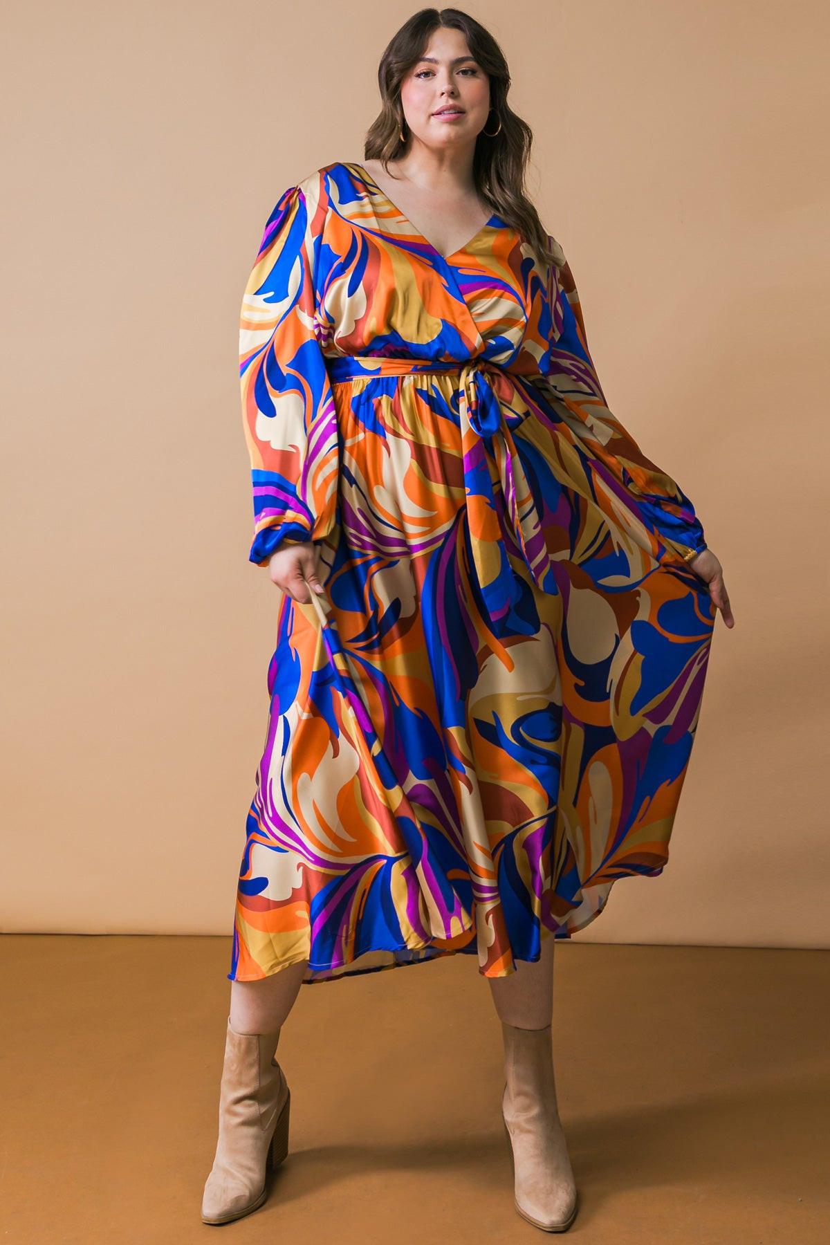 Bold Adventures Woven Satin Midi Dress With Surplice Neckline And Puff Sleeves