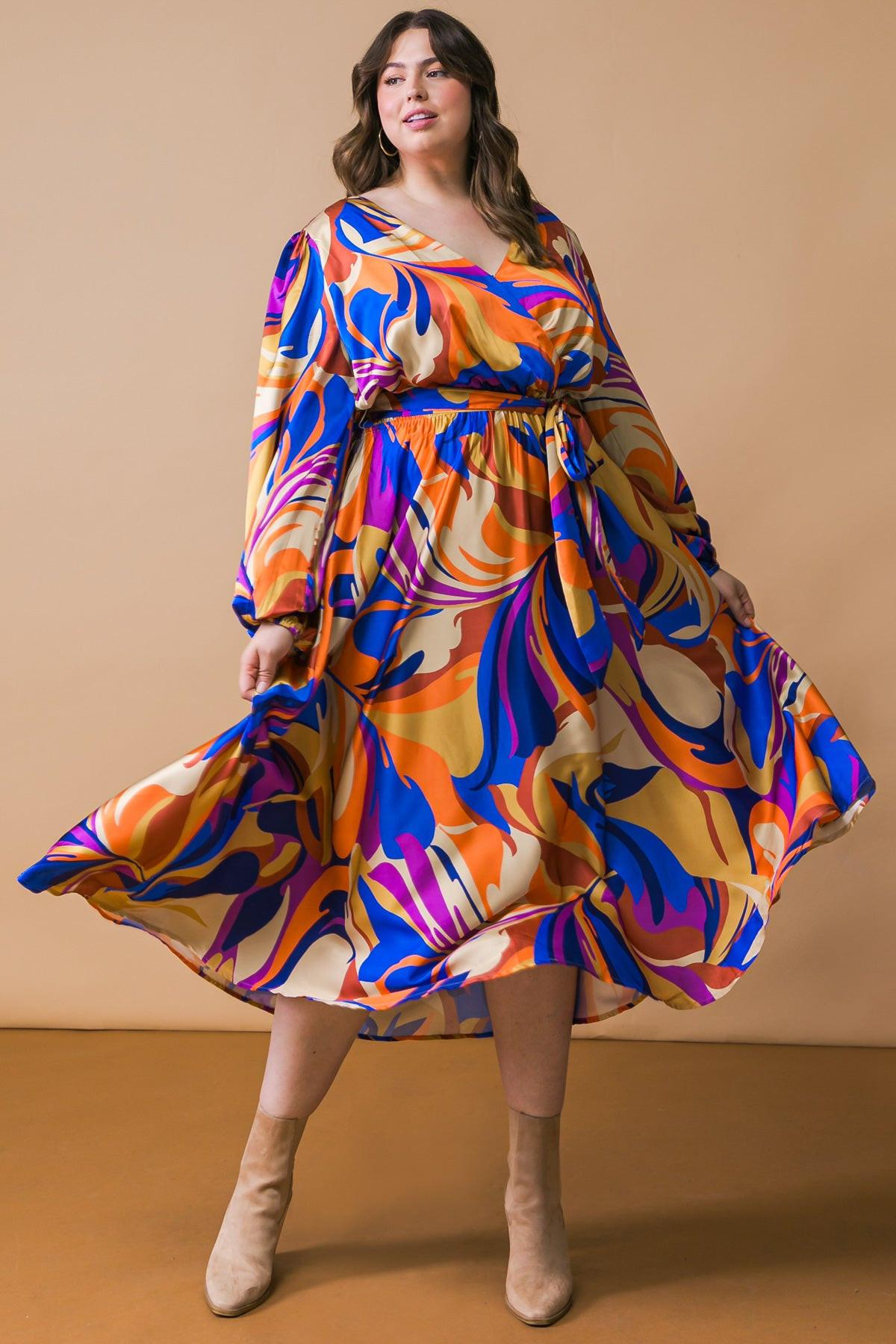 Bold Adventures Woven Satin Midi Dress With Surplice Neckline And Puff Sleeves