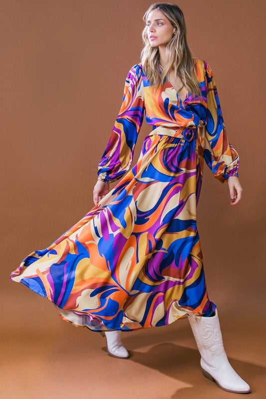 Bold Adventures Woven Satin Midi Dress With Surplice Neckline And Puff Sleeves