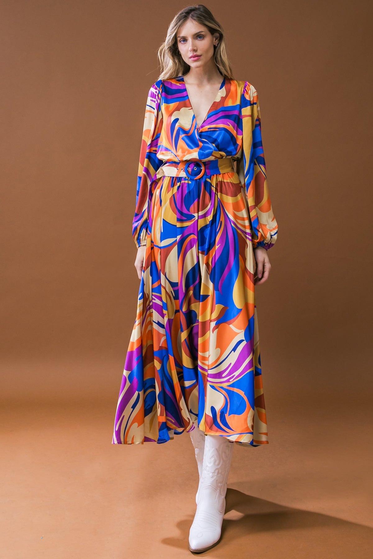 Bold Adventures Woven Satin Midi Dress With Surplice Neckline And Puff Sleeves