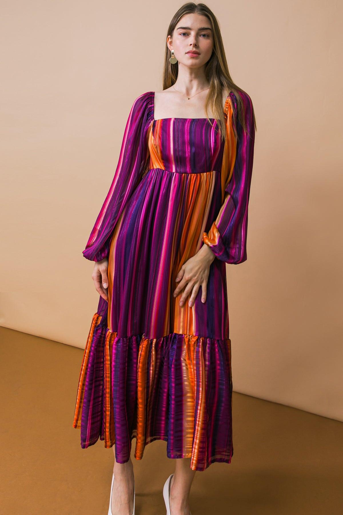Everything You Needed Woven Midi Dress Printed Square Neckline Long Sleeve