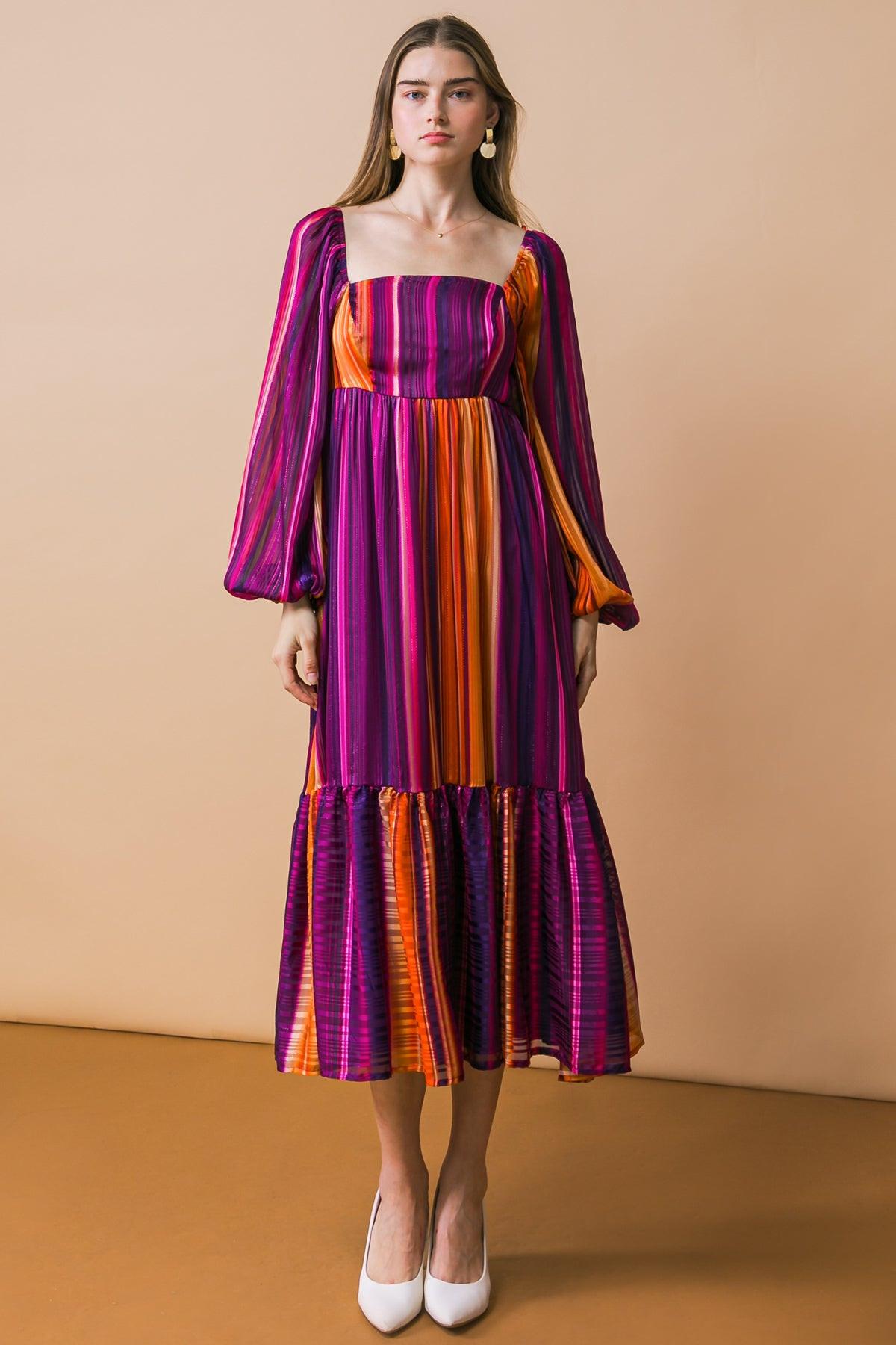 Everything You Needed Woven Midi Dress Printed Square Neckline Long Sleeve