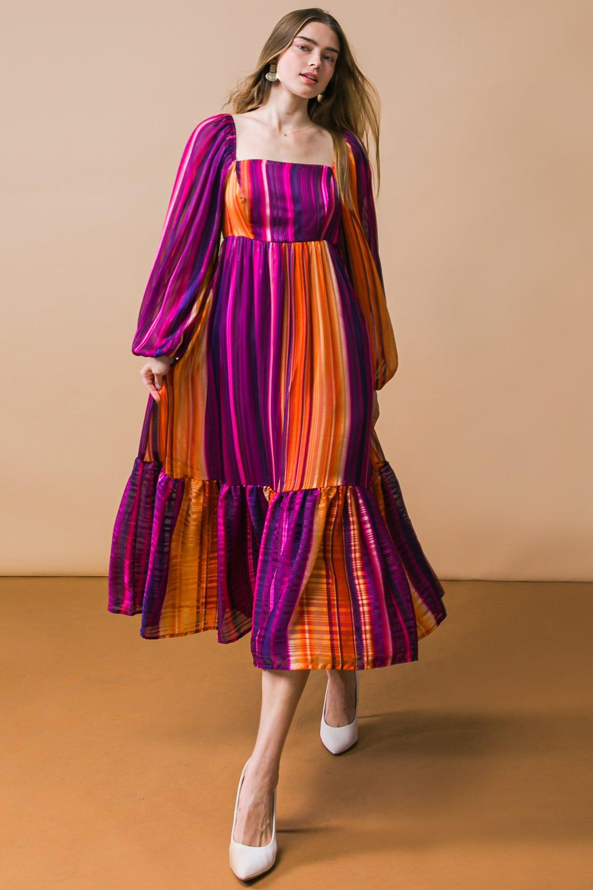 Everything You Needed Woven Midi Dress Printed Square Neckline Long Sleeve