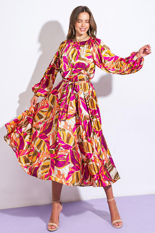 Printed Woven Midi Dress With Round Neckline And Elasticized Waist With Self Tie