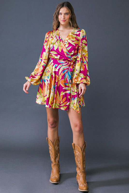 All Fall Long Printed Woven Mini Dress Surplice Neckline Long Sleeve Wrap Skirt