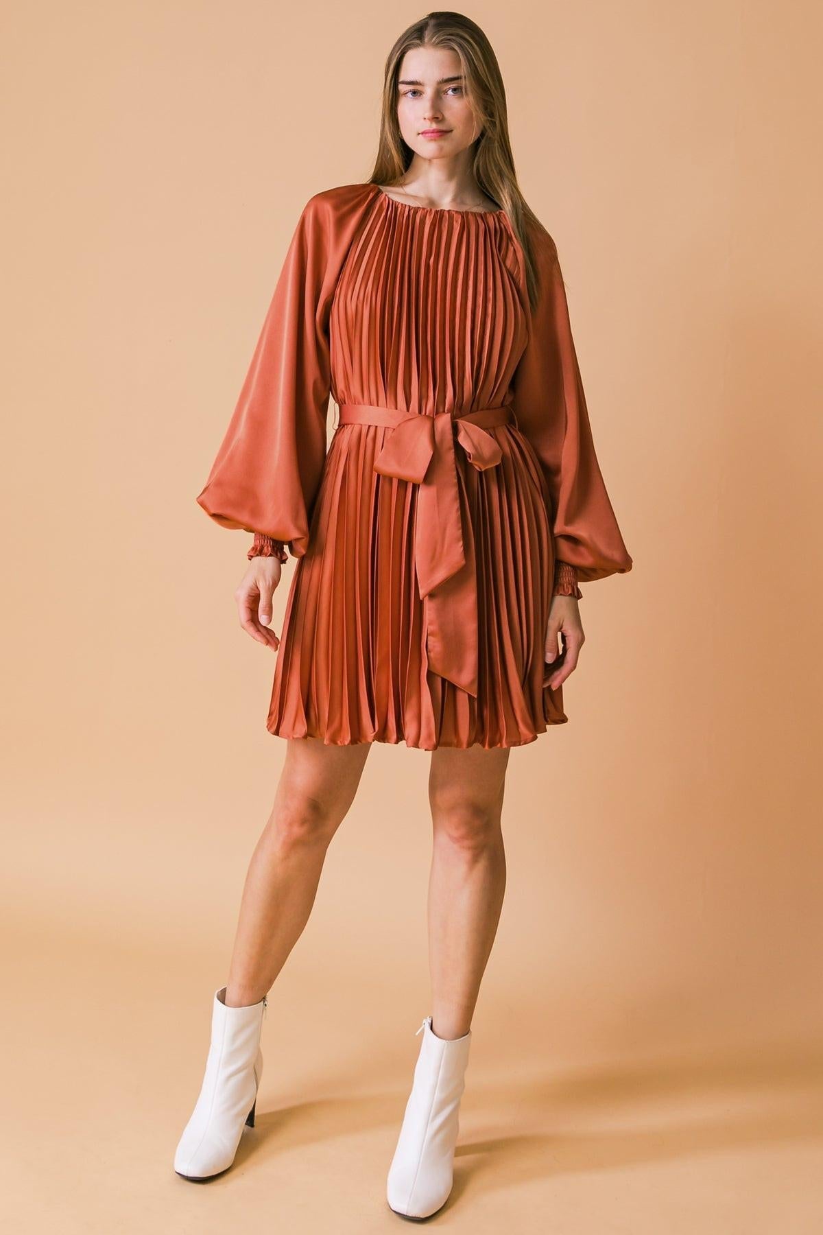 All Fall Long Woven Mini Dress With Round Neckline And Sash Tie