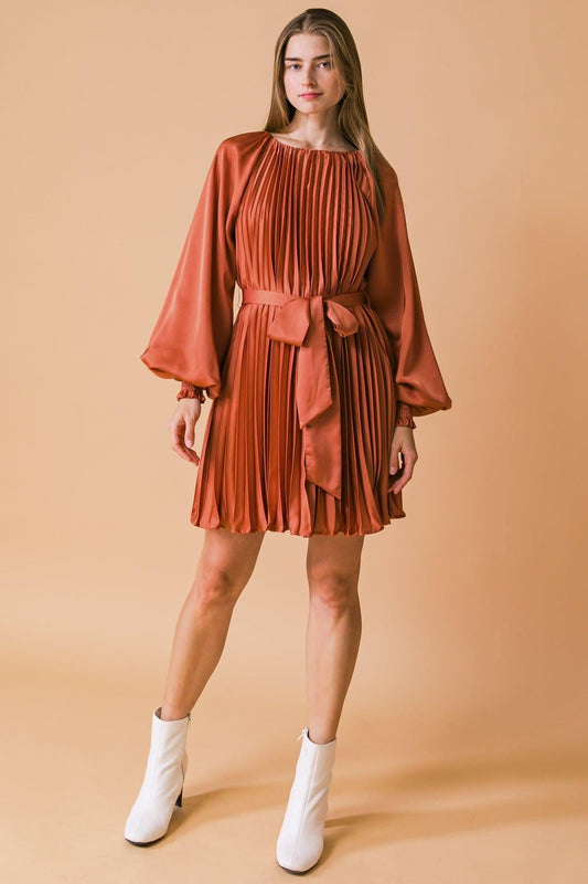 All Fall Long Woven Mini Dress With Round Neckline And Sash Tie