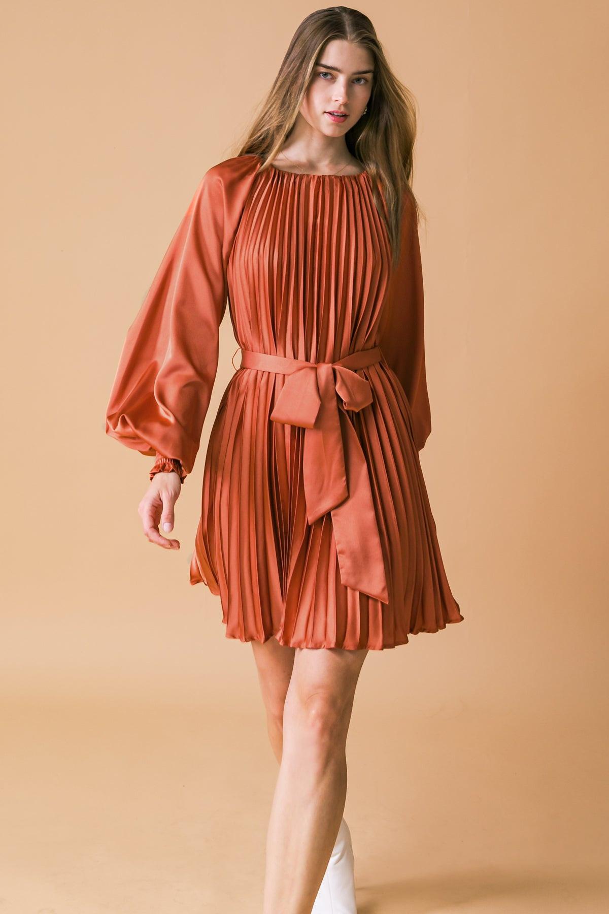 All Fall Long Woven Mini Dress With Round Neckline And Sash Tie