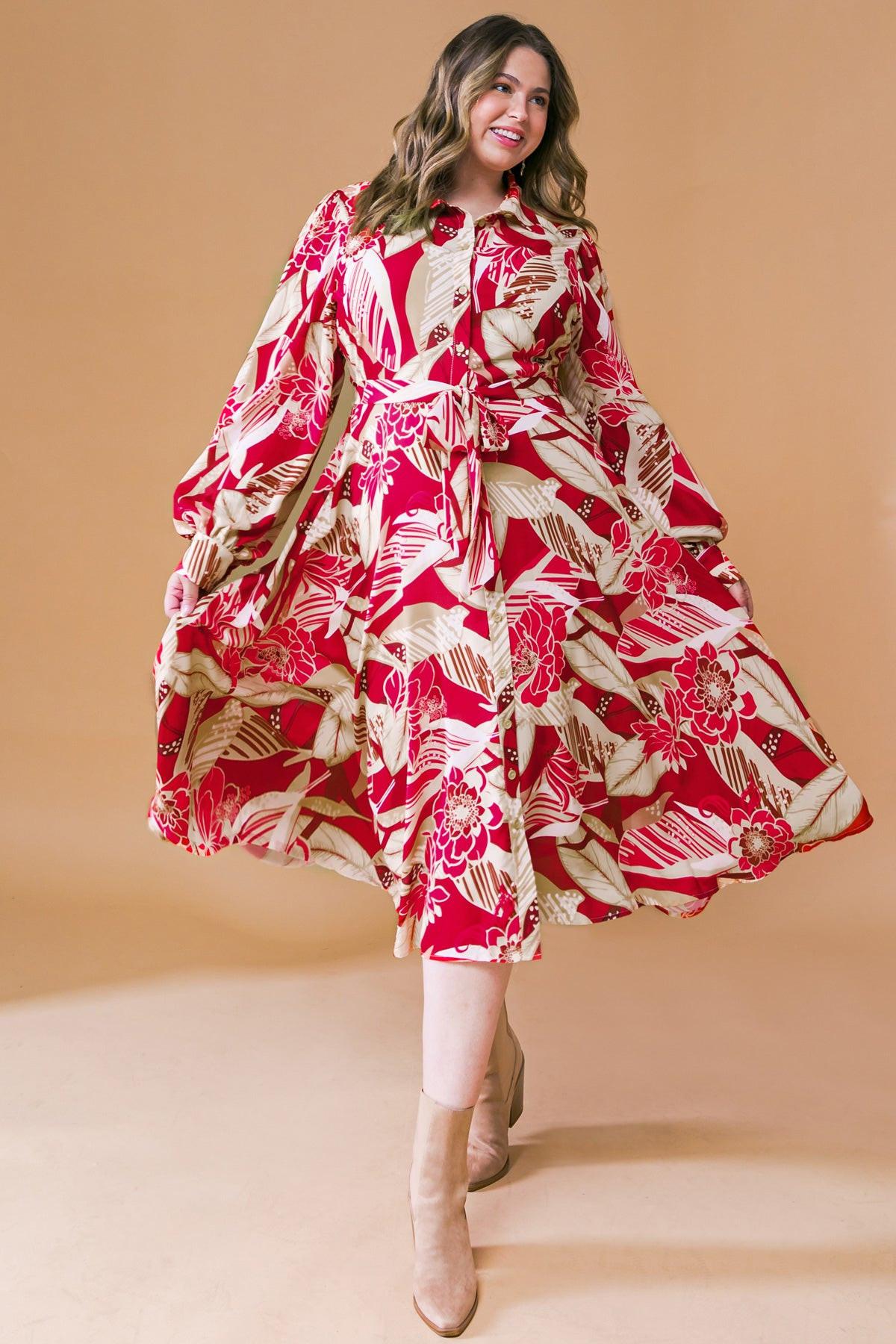Heart Of Woven Midi Dress With Shirt Collar Button Front And Self Tie