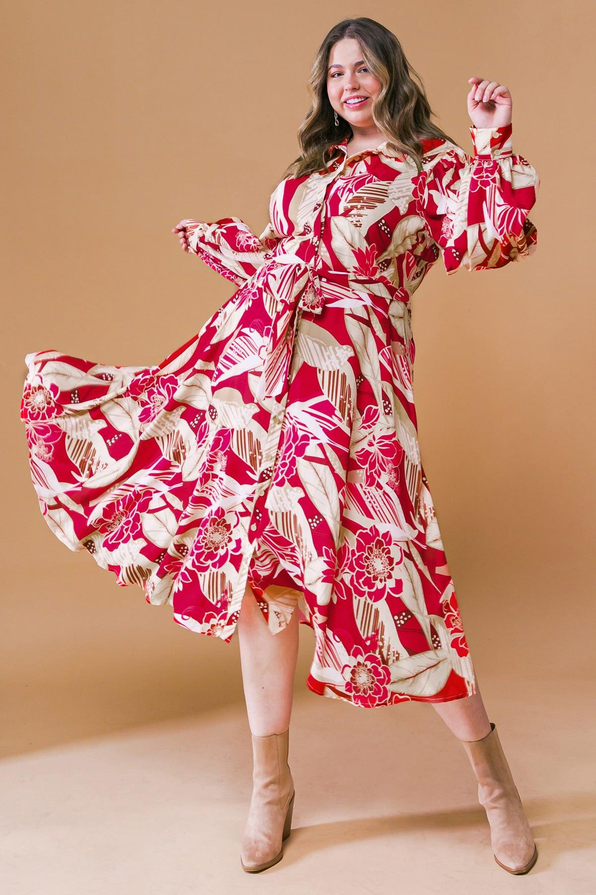Heart Of Woven Midi Dress With Shirt Collar Button Front And Self Tie