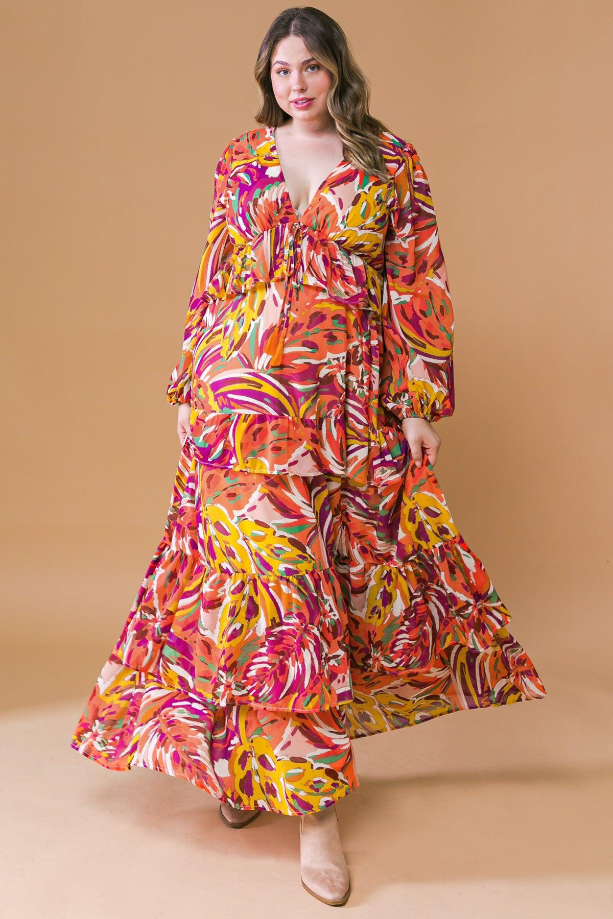Wonderful Soul Woven Maxi Dress With V Neck Elastic Waist And Long Sleeves