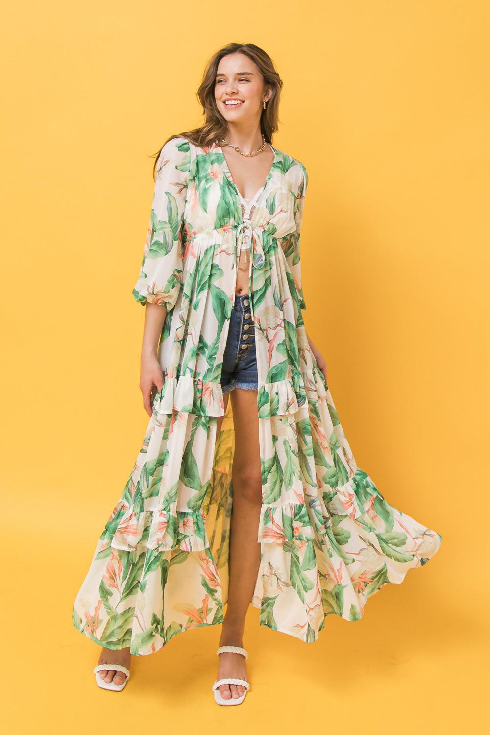 Easy Days Floral Maxi Kimono Top Long Sleeve Boho Chic With Front Tie