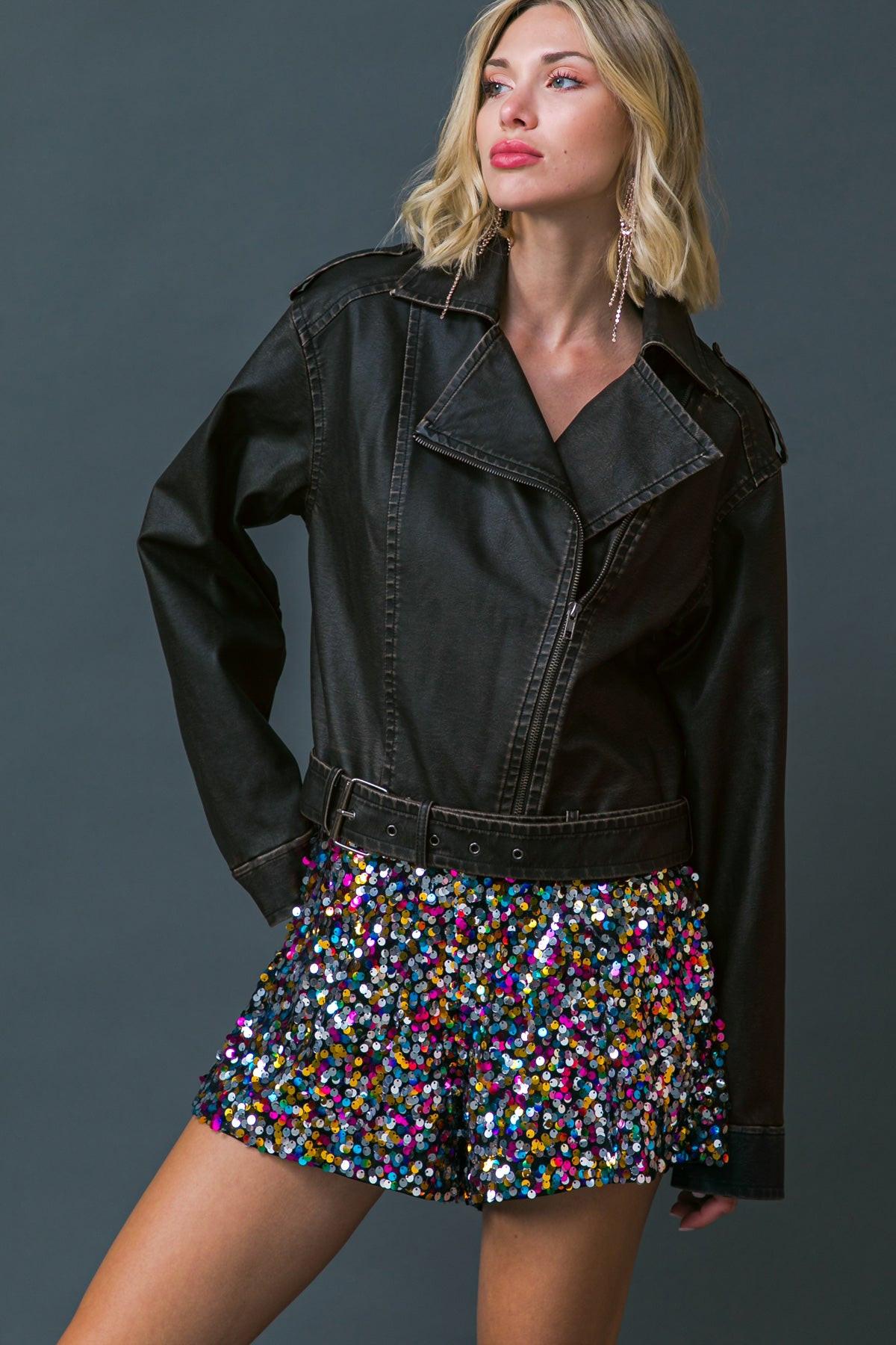 On My Way Up Faux Moto Jacket With Front Zipper Long Sleeve Self Belt
