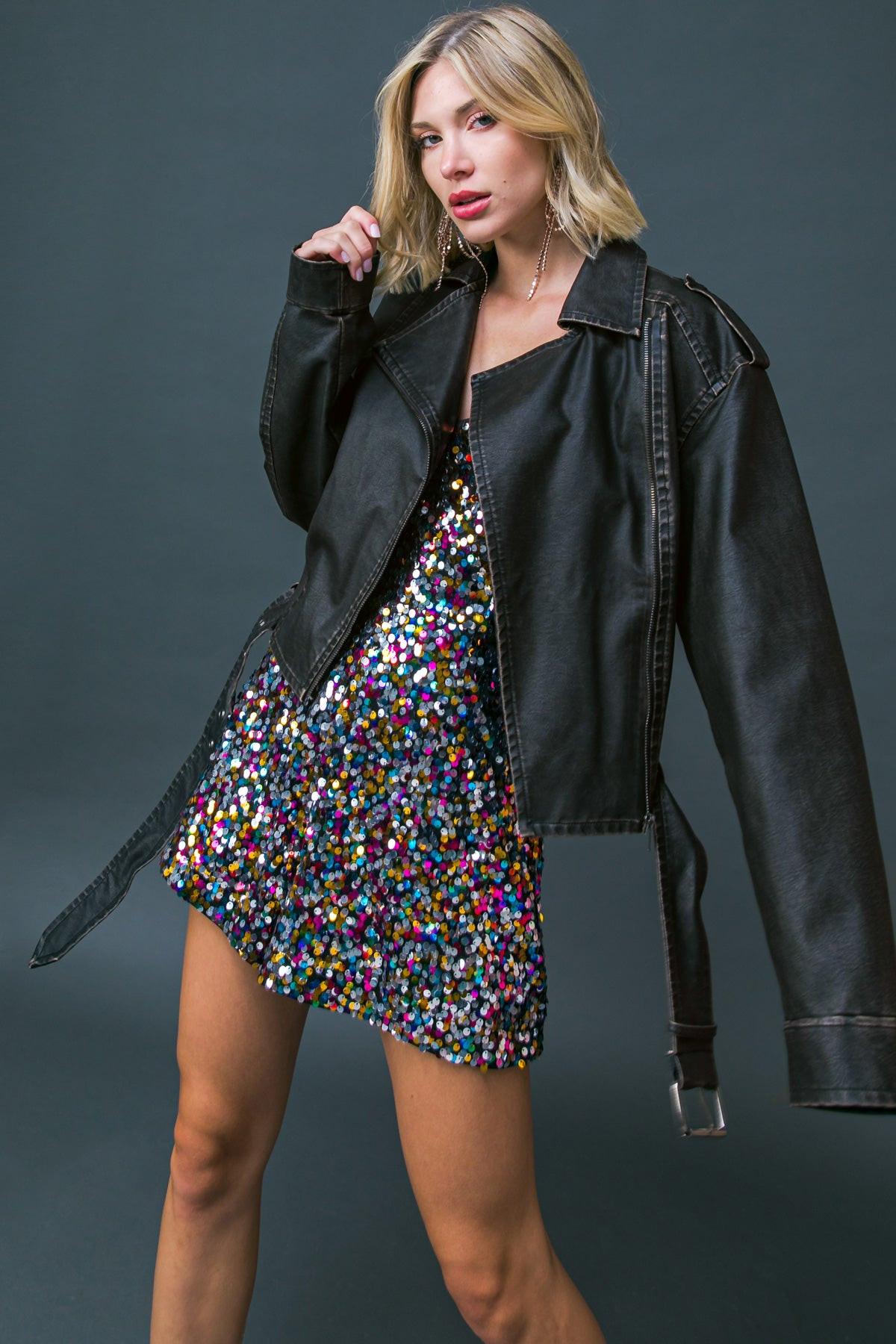 On My Way Up Faux Moto Jacket With Front Zipper Long Sleeve Self Belt
