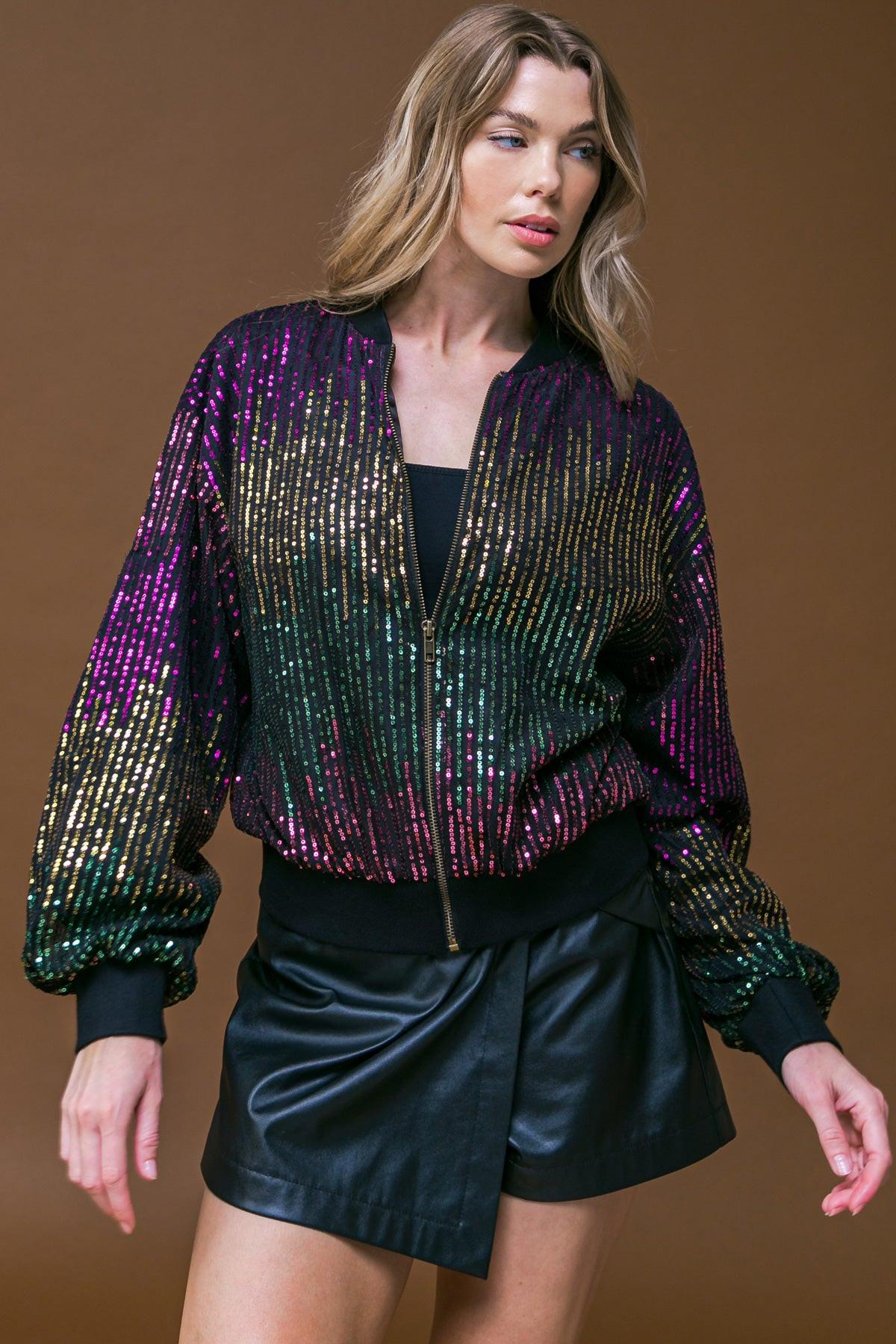 Entertain Me Sequins Bomber Jacket With Ribbed Collar And Zipper