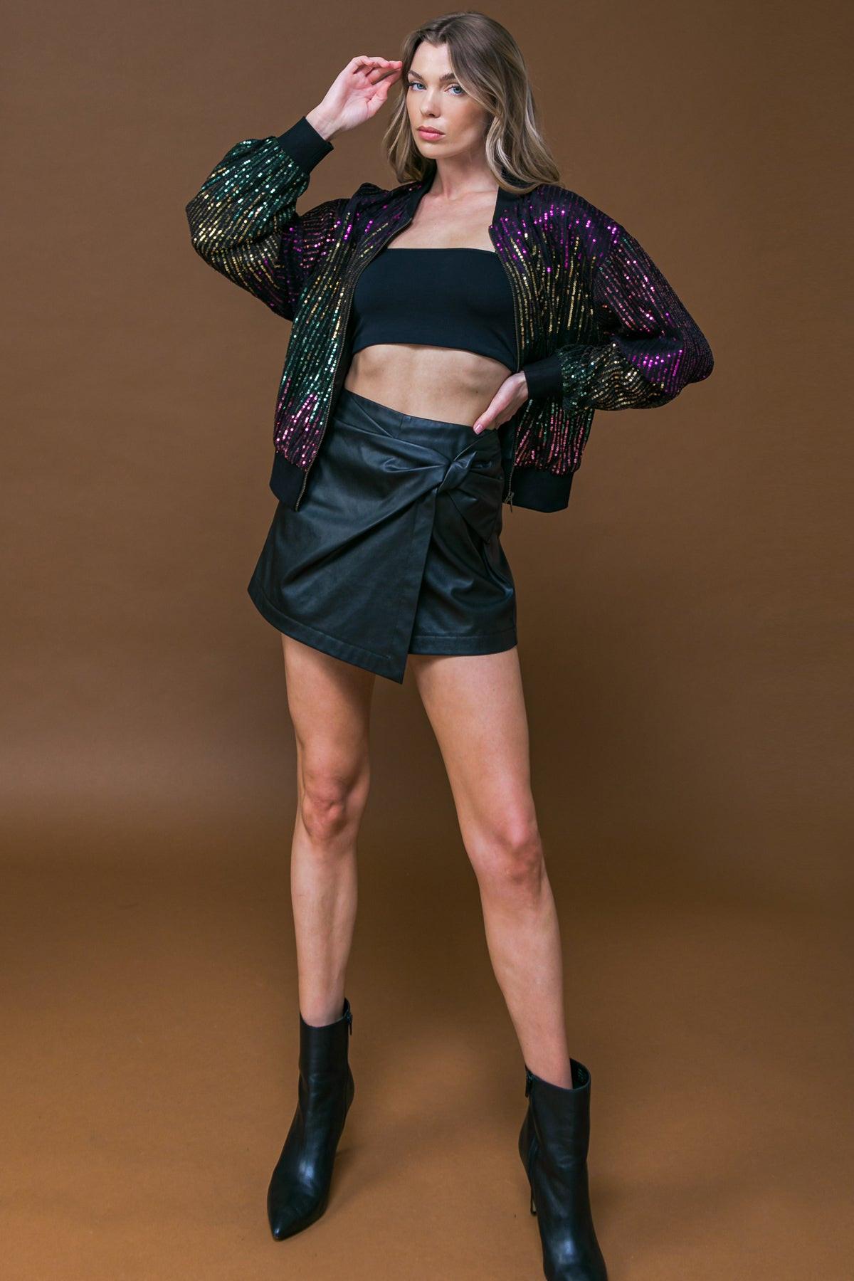 Entertain Me Sequins Bomber Jacket With Ribbed Collar And Zipper
