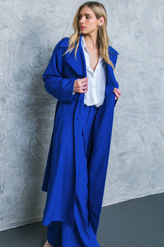 Boss Babe Woven Trench Coat With Front Button And Self Tie