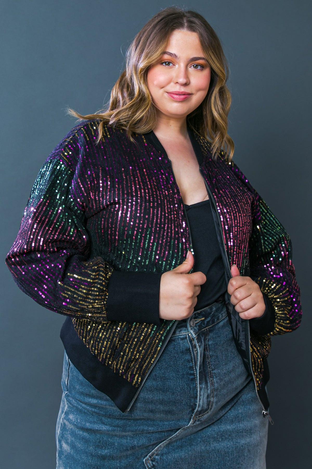 Entertain Me Sequins Bomber Jacket With Ribbed Collar And Zipper