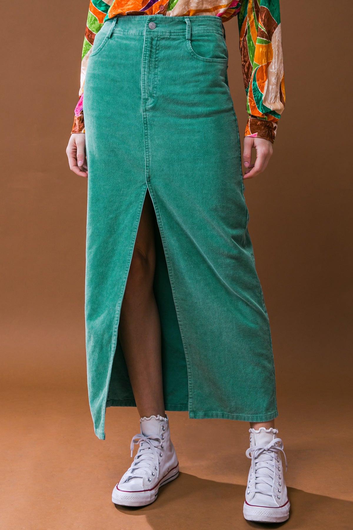 Corduroy Midi Skirt With Front Slit Front Closure And Pockets Classic Wash