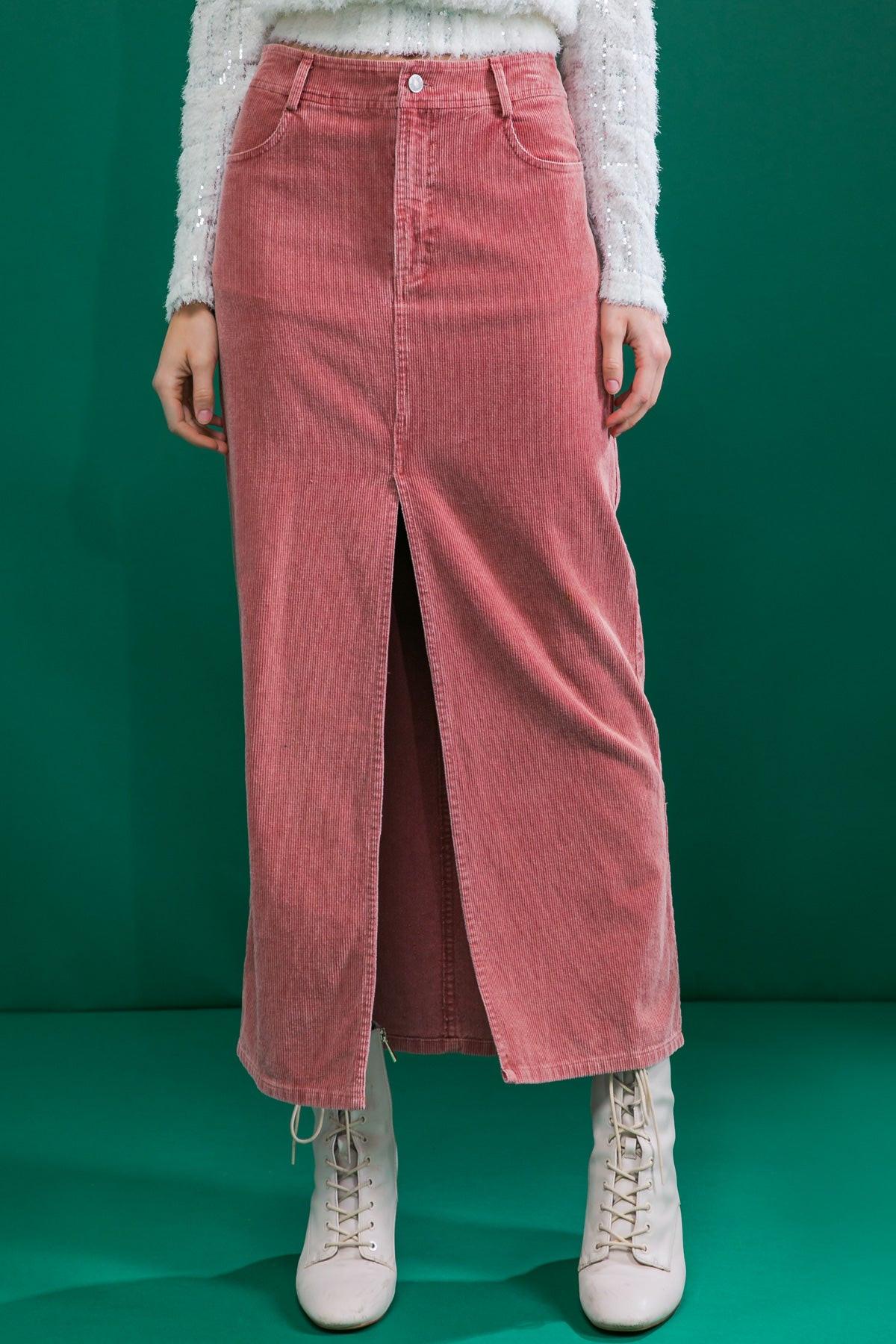 Corduroy Midi Skirt With Front Slit Front Closure And Pockets Classic Wash