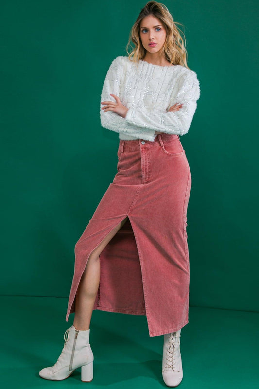Corduroy Midi Skirt With Front Slit Front Closure And Pockets Classic Wash