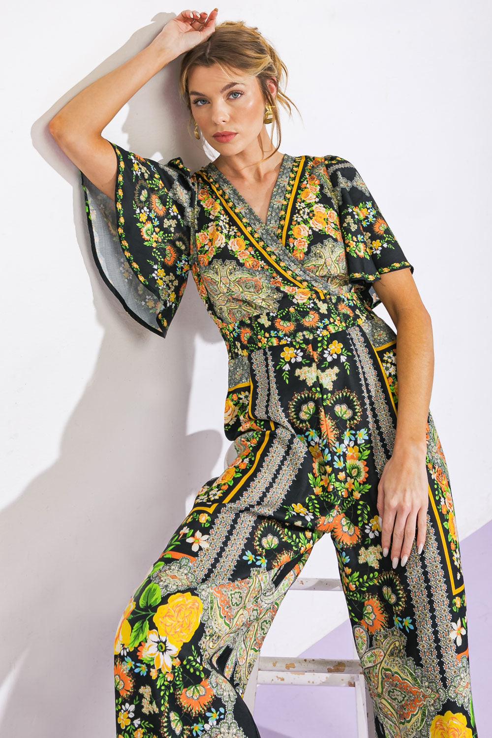 Coastal Breeze Woven Jumpsuit With Surplice Neckline And Tie Back Wide Legs