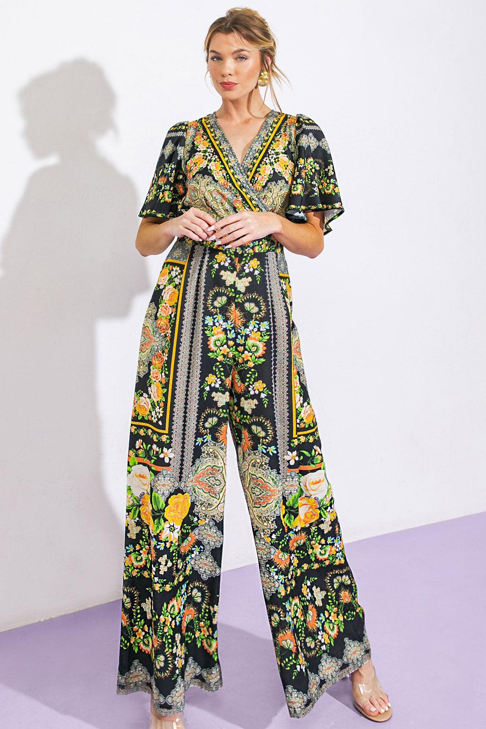 Coastal Breeze Woven Jumpsuit With Surplice Neckline And Tie Back Wide Legs