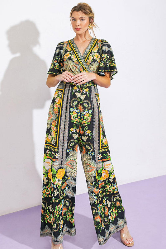 Coastal Breeze Woven Jumpsuit With Surplice Neckline And Tie Back Wide Legs