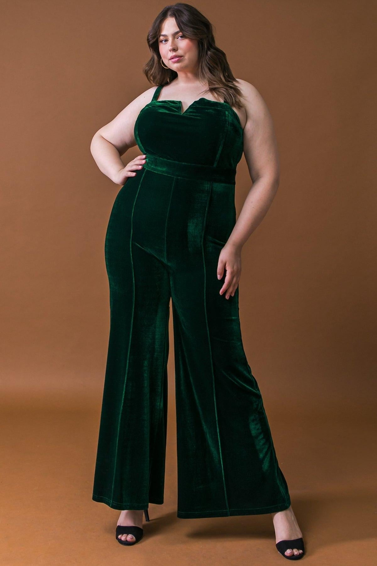 Blow A Kiss Velvet Jumpsuit With Front V Detail And Wide Leg