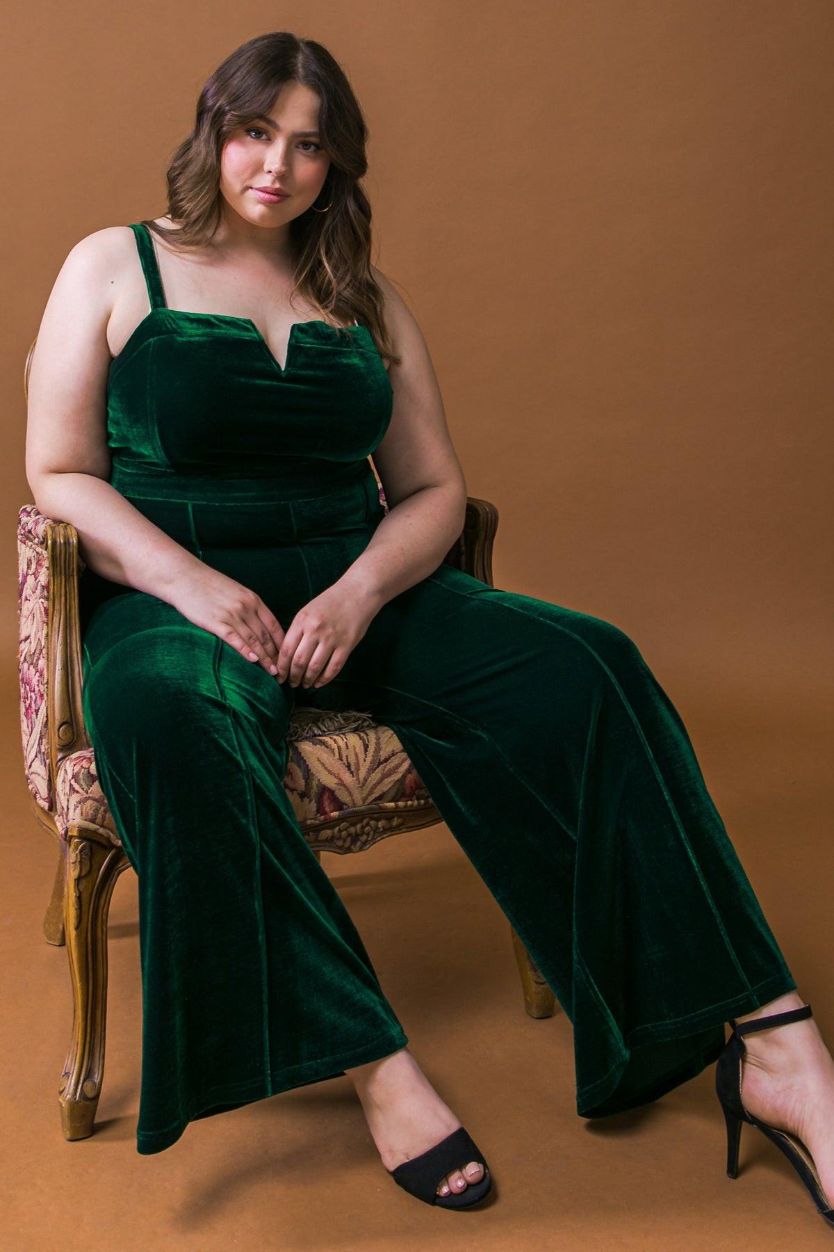 Blow A Kiss Velvet Jumpsuit With Front V Detail And Wide Leg