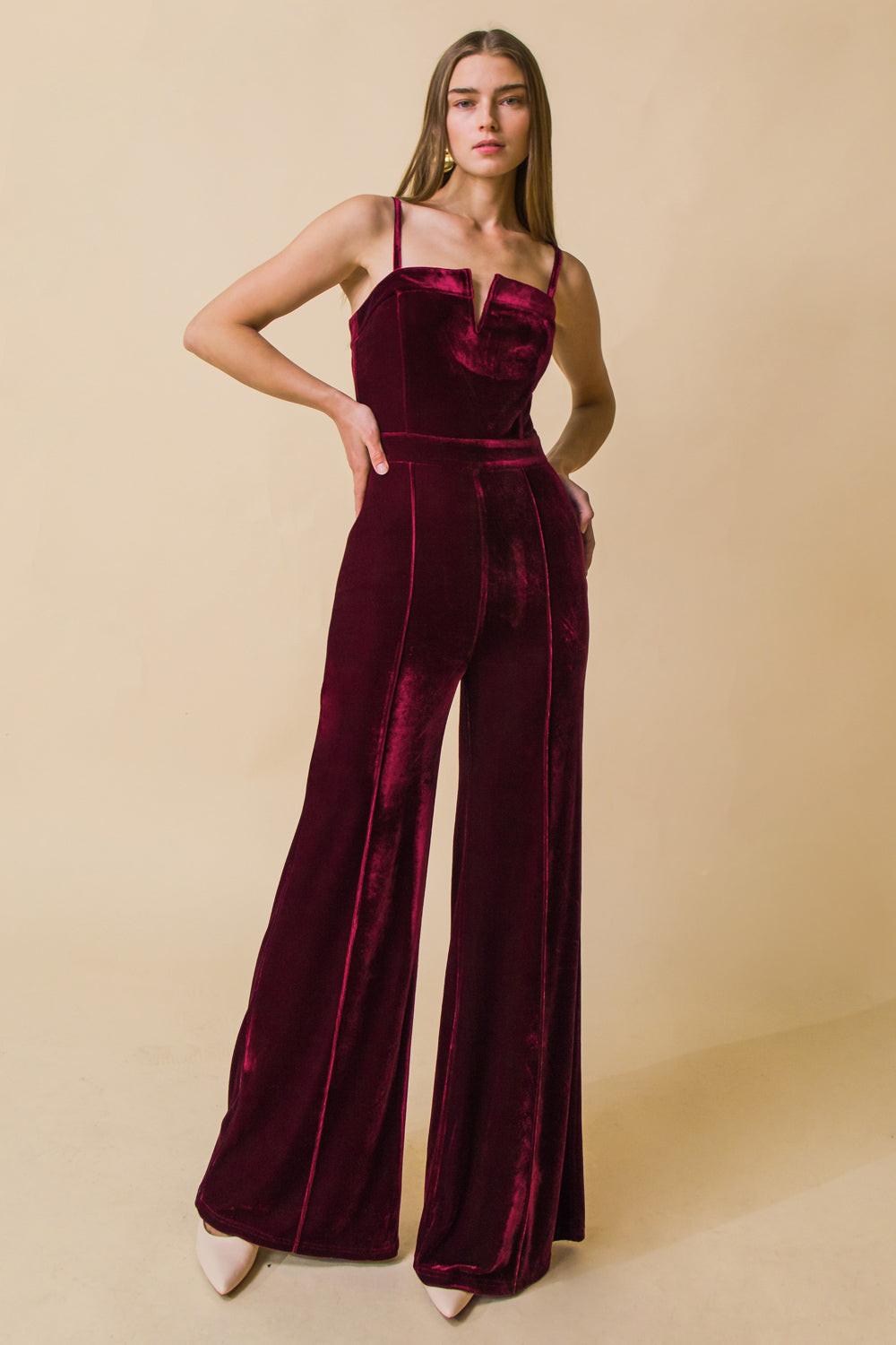 Blow A Kiss Velvet Jumpsuit With Front V Detail And Wide Leg