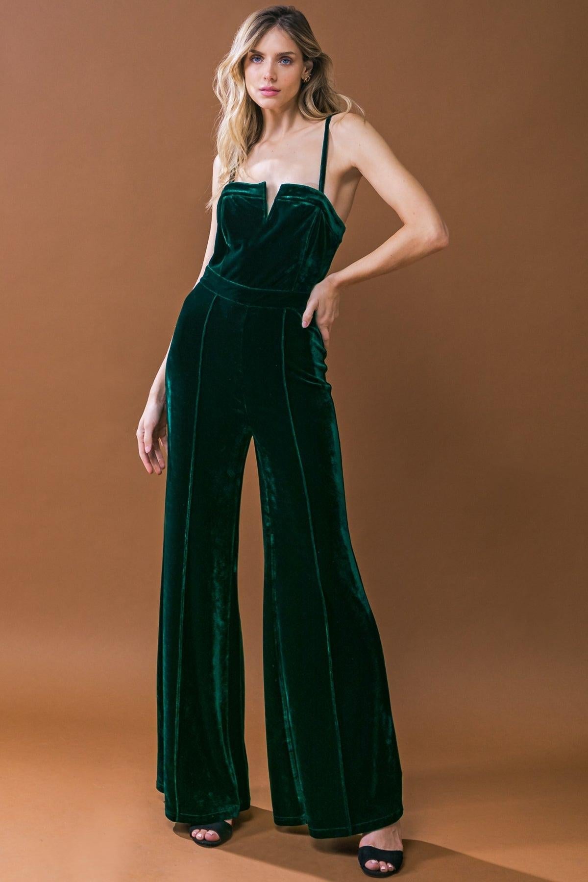 Blow A Kiss Velvet Jumpsuit With Front V Detail And Wide Leg