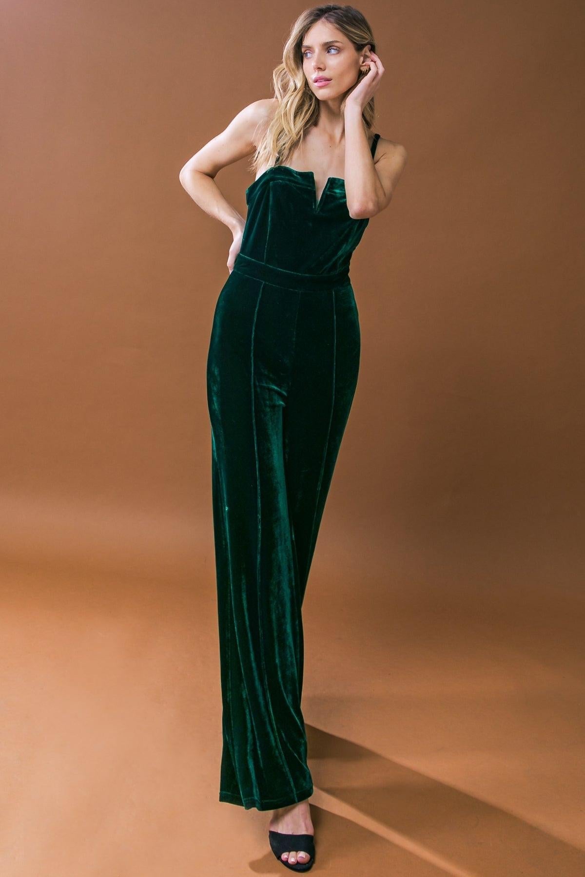 Blow A Kiss Velvet Jumpsuit With Front V Detail And Wide Leg