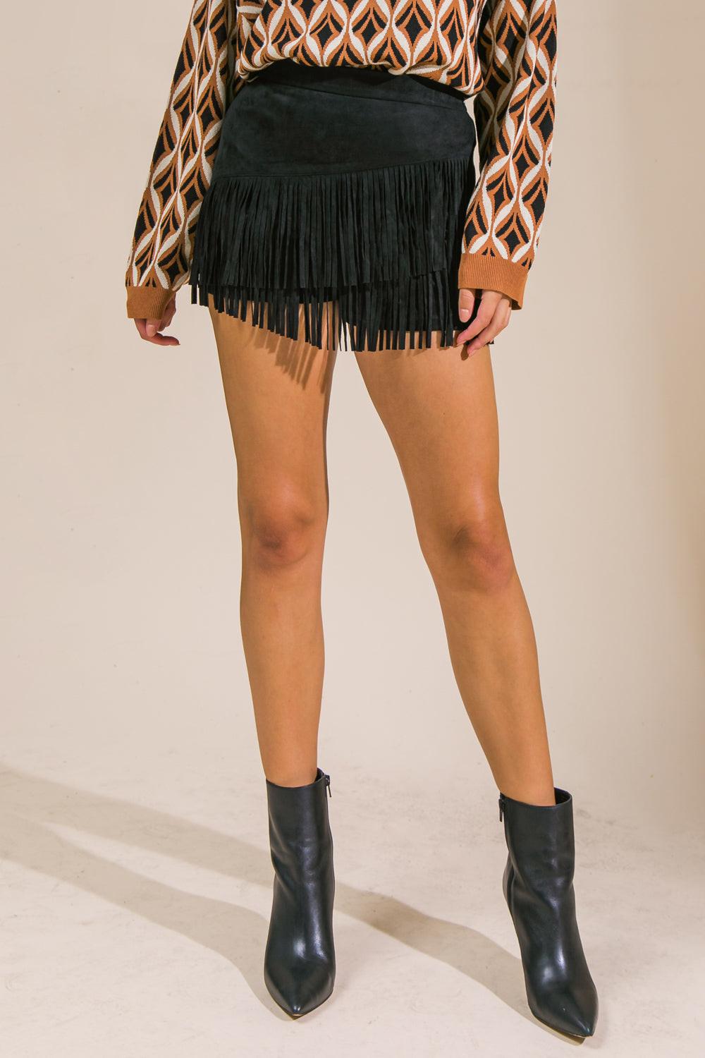 Make Some Plans Faux Suede Skort With Double Fringed Hem And Side Zip