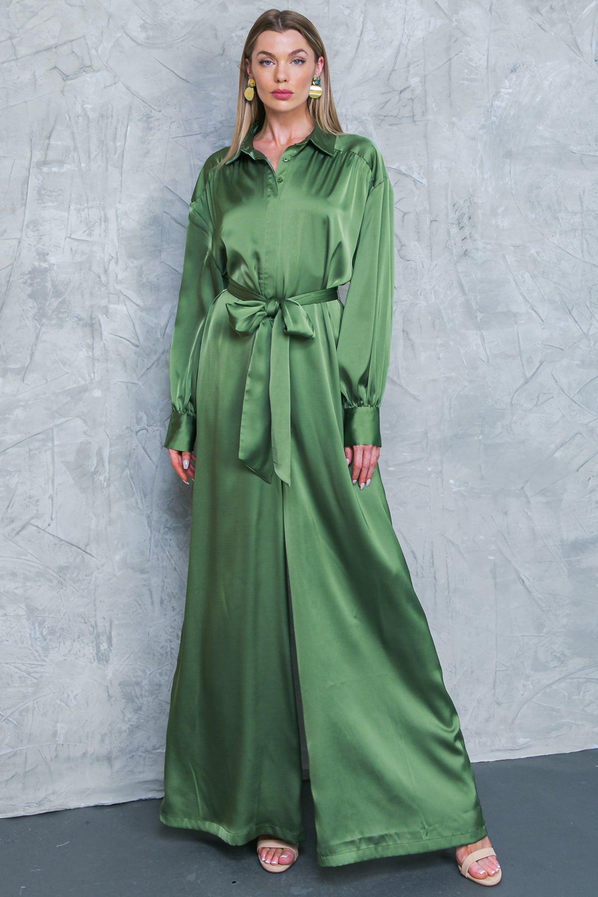 Like Fine Art Satin Jumpsuit With Shirt Collar And Self Tie Belt Wide Leg