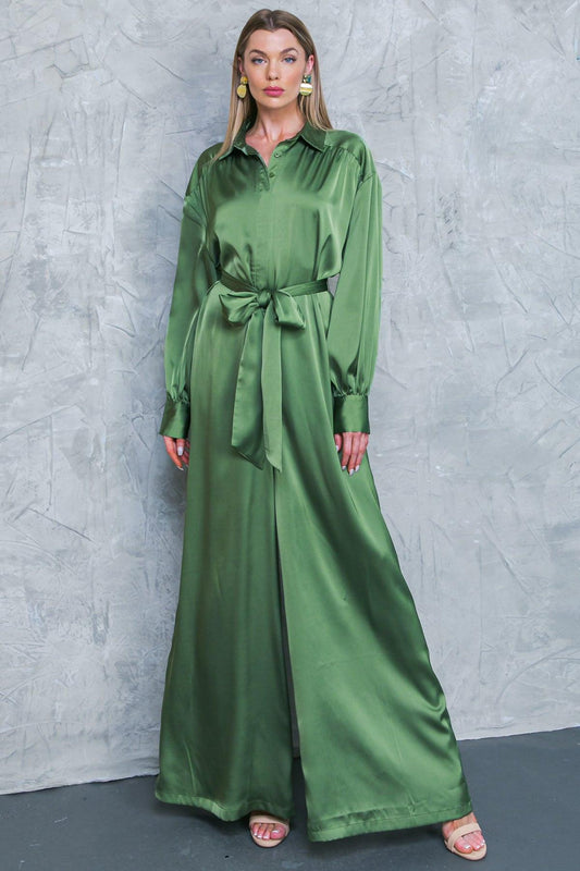 Like Fine Art Satin Jumpsuit With Shirt Collar And Self Tie Belt Wide Leg