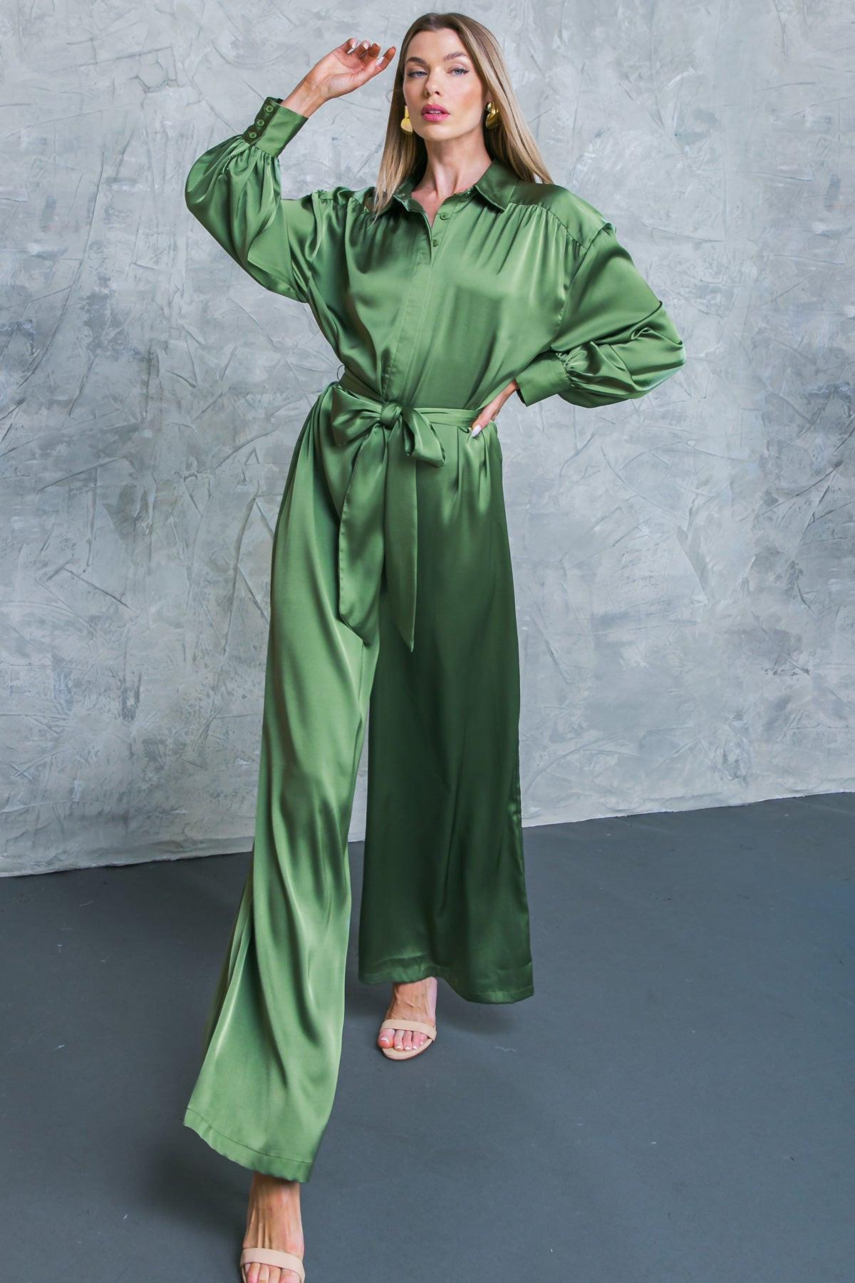 Like Fine Art Satin Jumpsuit With Shirt Collar And Self Tie Belt Wide Leg