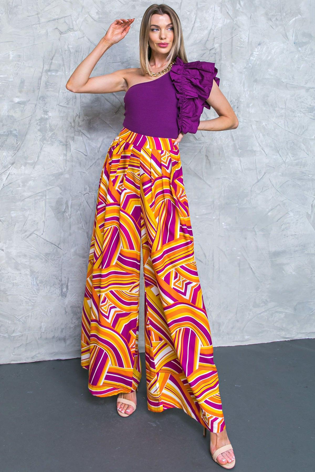 Lively Cham Printed Woven Pants With Pleated Front And Side Zip Closure