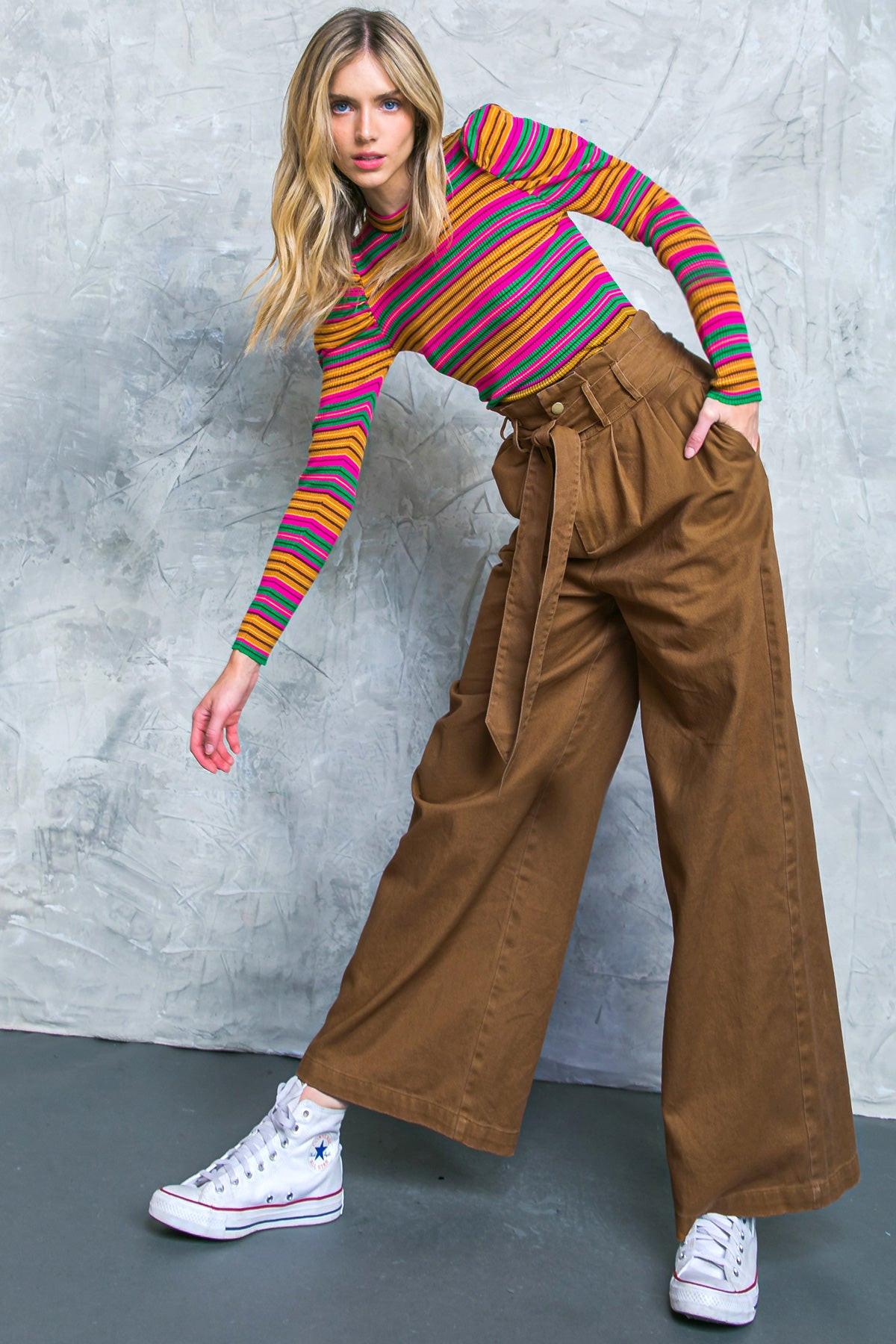 Big Moment Twill Pants High Waisted Paperbag Waist With Self Belt Wide Leg