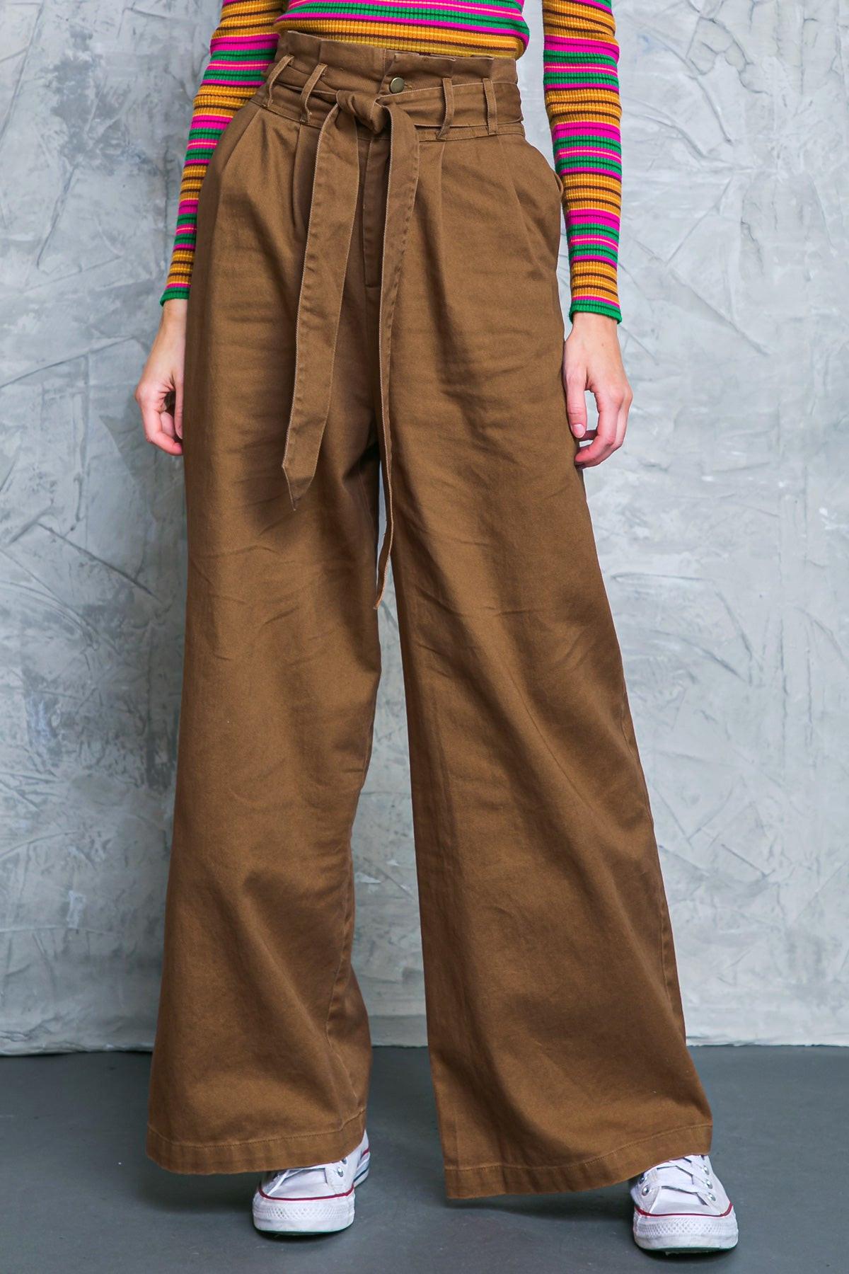 Big Moment Twill Pants High Waisted Paperbag Waist With Self Belt Wide Leg