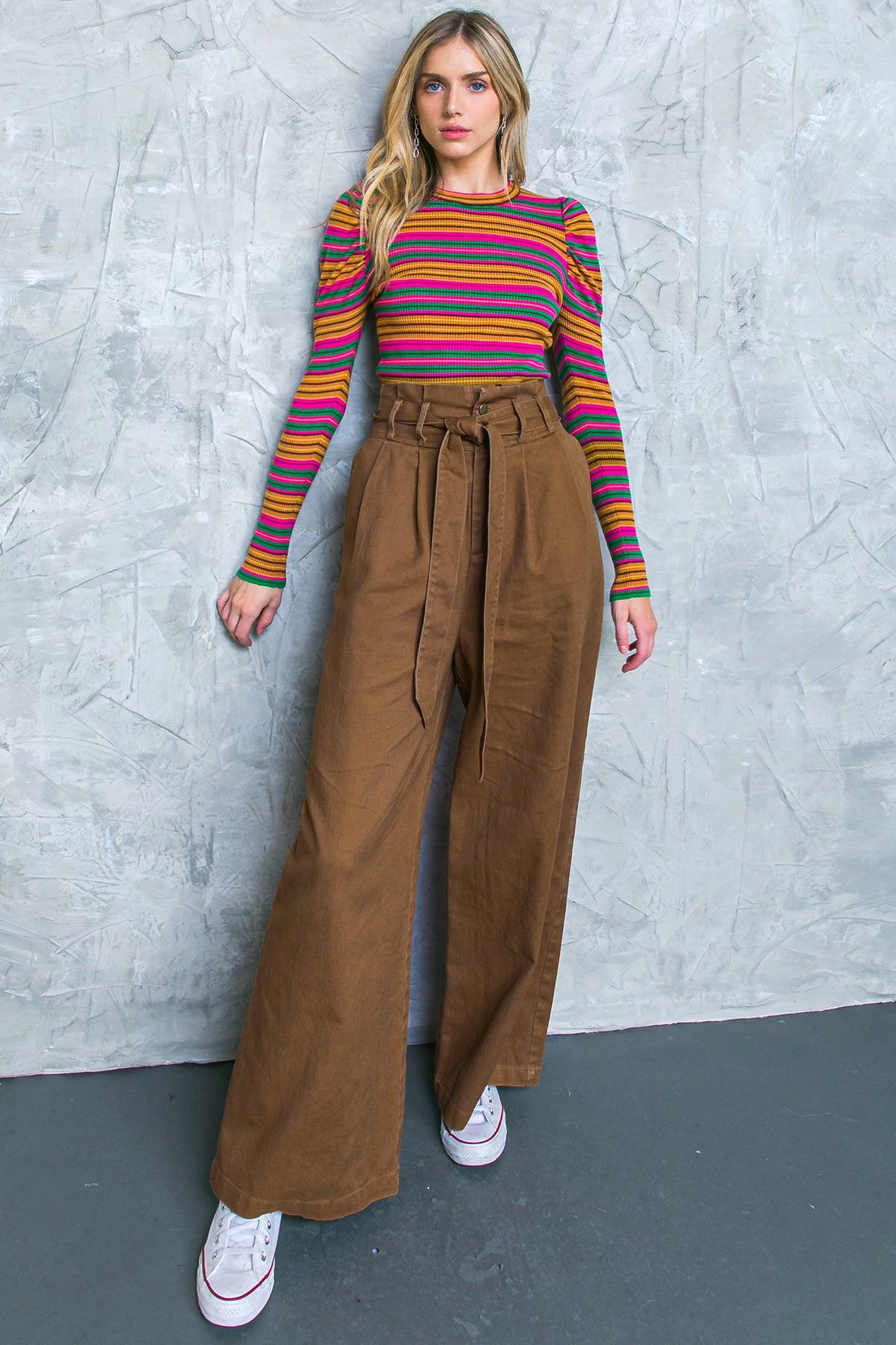 Big Moment Twill Pants High Waisted Paperbag Waist With Self Belt Wide Leg