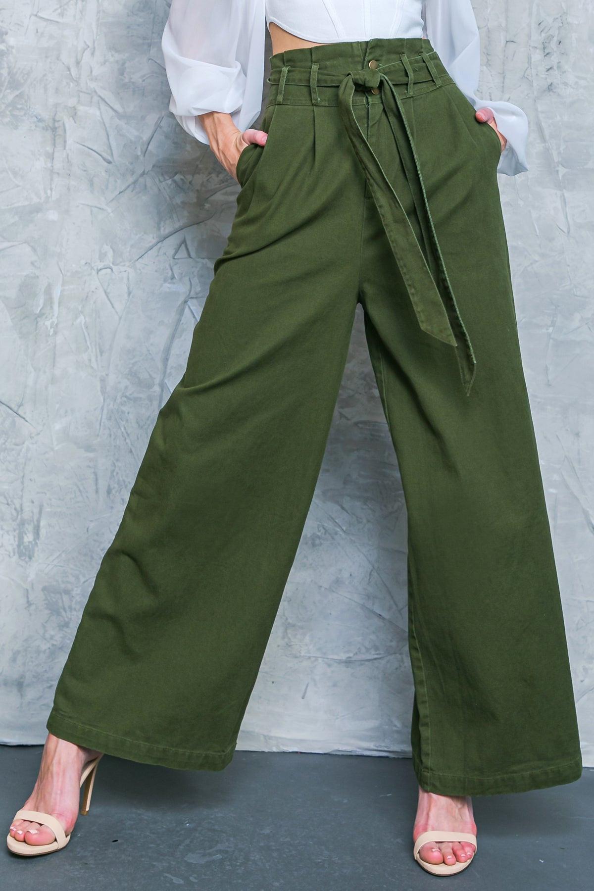 Big Moment Twill Pants High Waisted Paperbag Waist With Self Belt Wide Leg