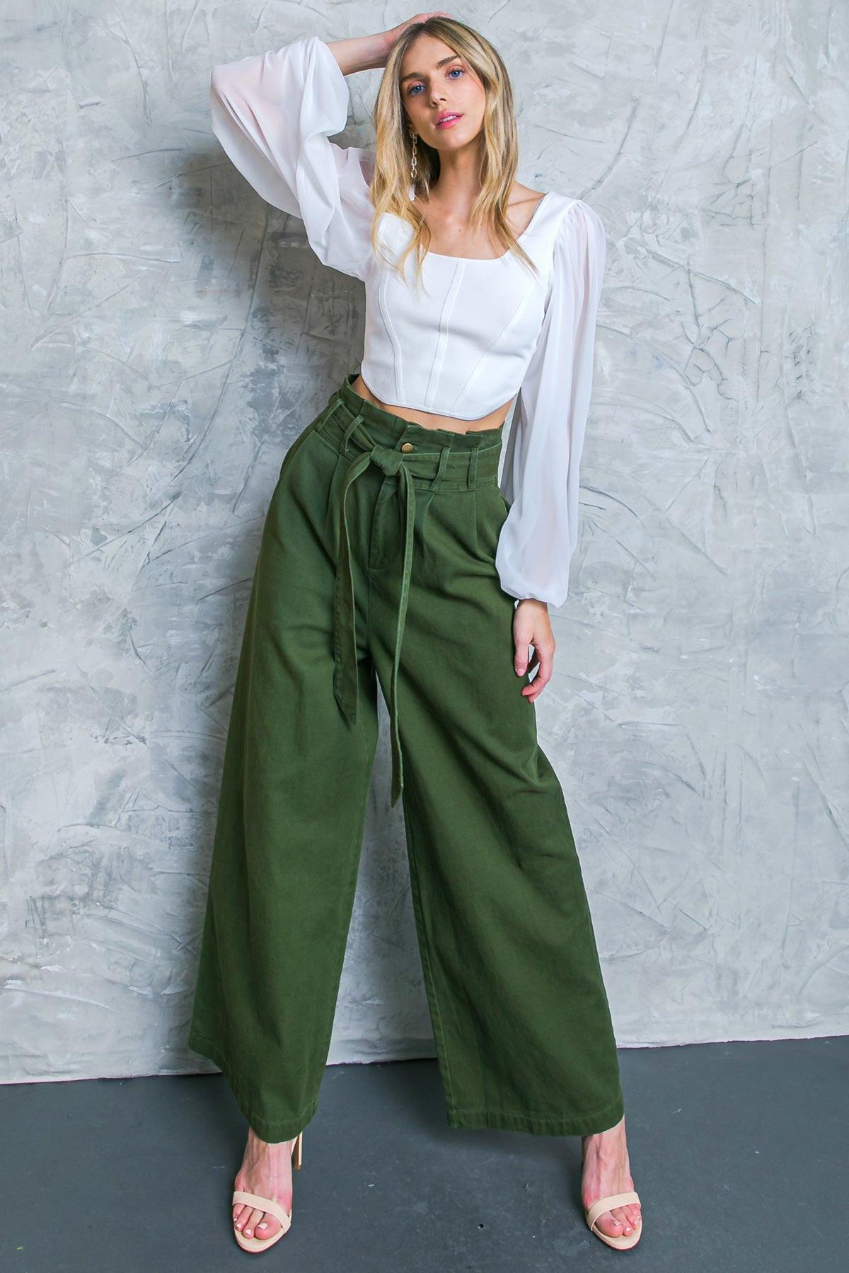 Big Moment Twill Pants High Waisted Paperbag Waist With Self Belt Wide Leg
