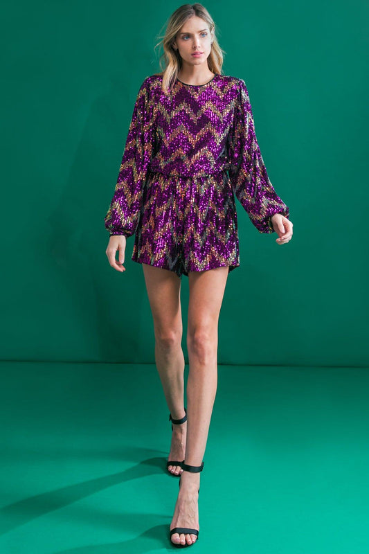 Real Allure Sequin Romper With Round Neckline Elastic Waist And Sleeves