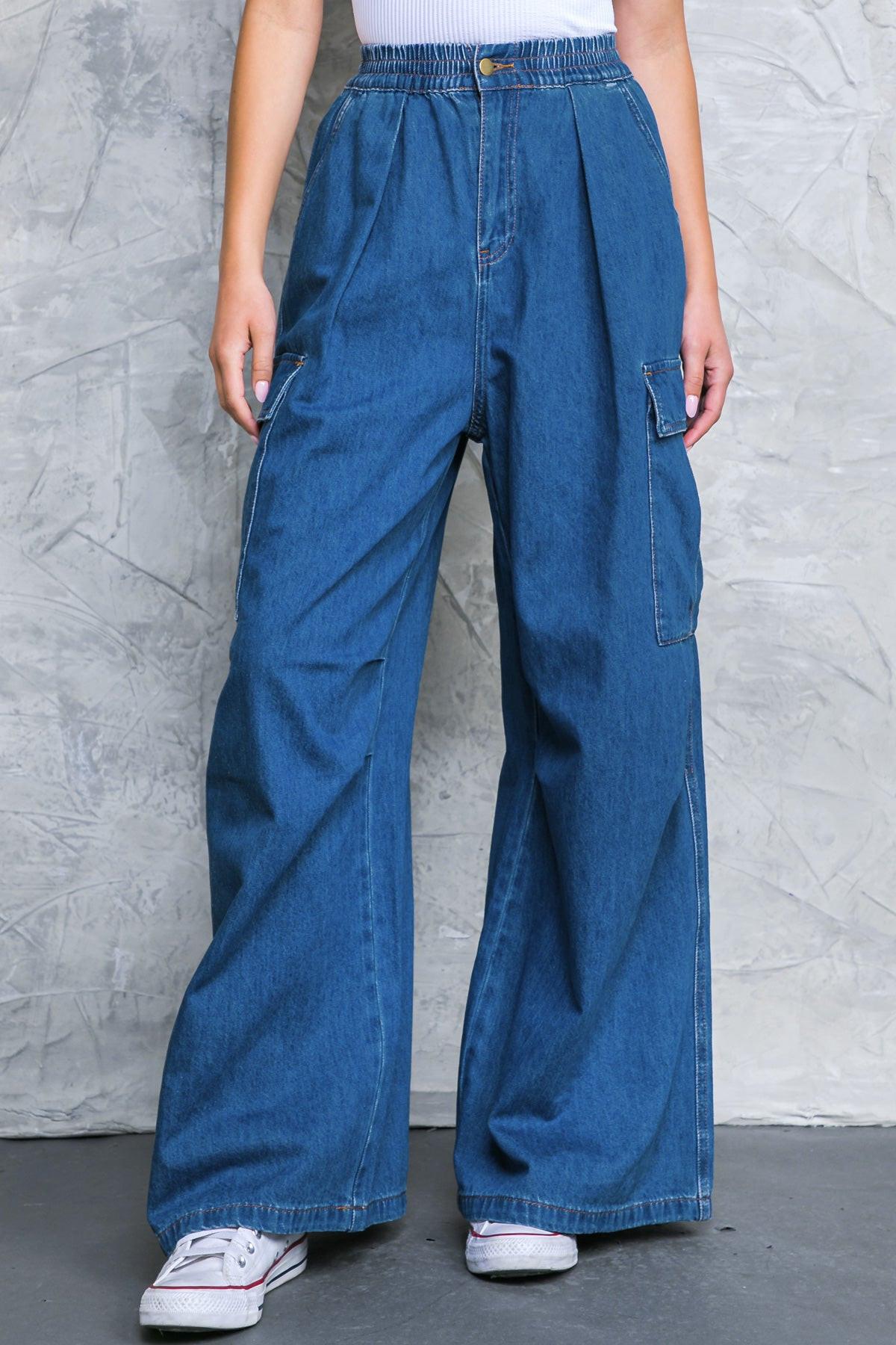 All The Buzz Washed Denim Pants With Cargo Pockets Wide Leg And Elastic Waist