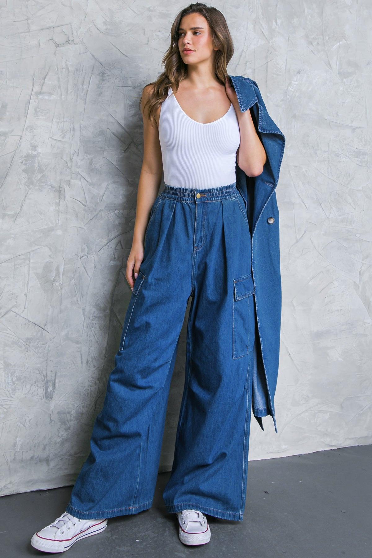 All The Buzz Washed Denim Pants With Cargo Pockets Wide Leg And Elastic Waist